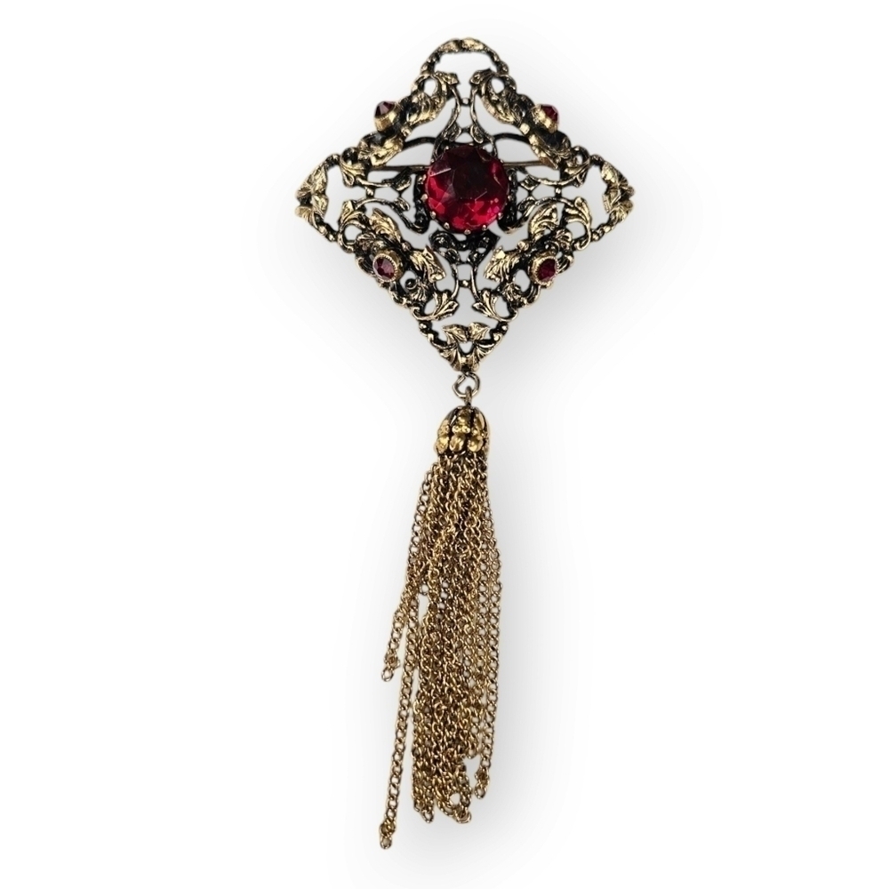 Austria Rhinestone Floral Brooch Vtg Art Nouveau Faux Garnet Brass Massive 4.25"